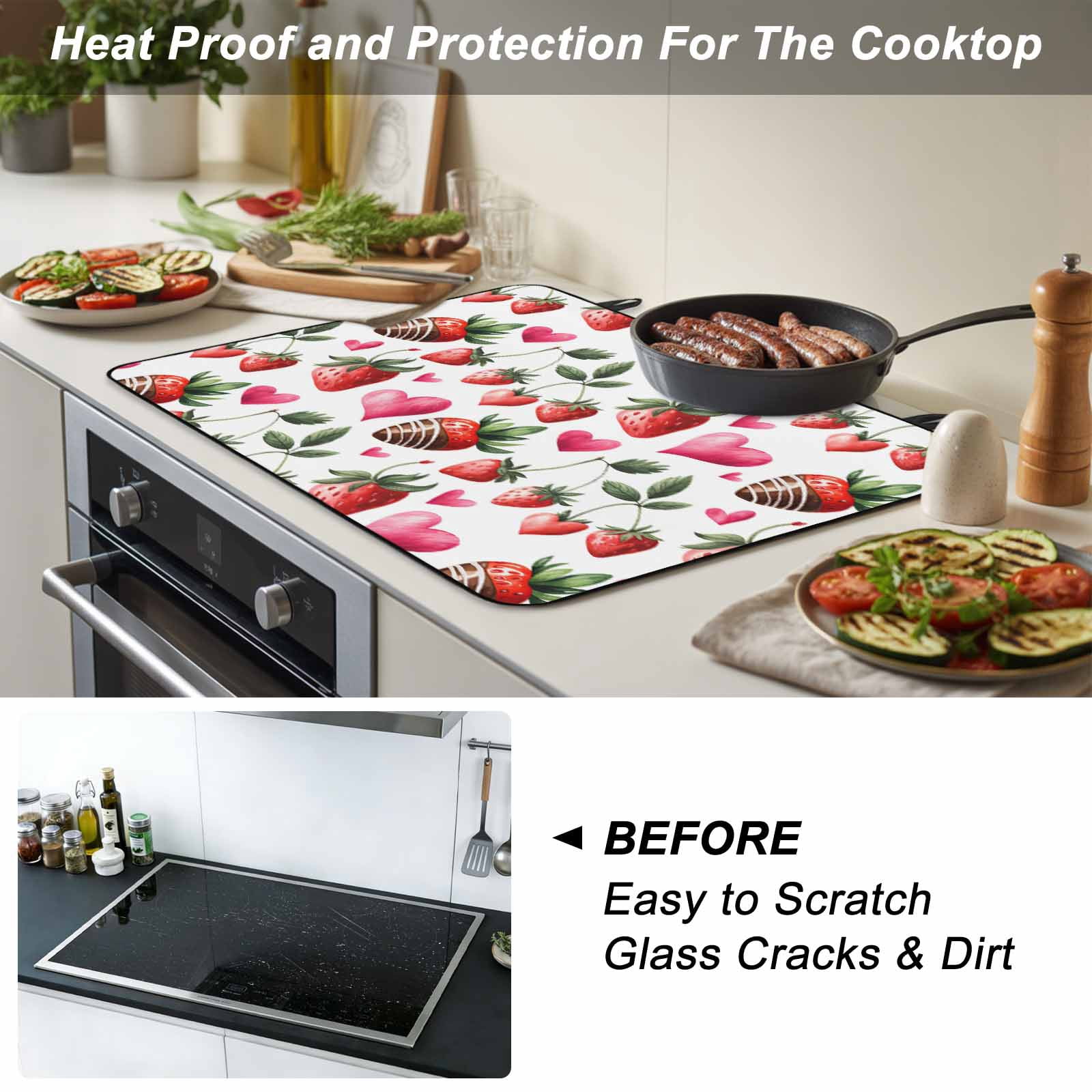 Red Strawberry Stove Top Cover for Electric Stove, Heat-proof & Non Slip Glass Top Stove Cover Protector, Flowers Pink Love Valentine's Day Kitchen Flat Cooktop Rubber Mat 24x21 Inches