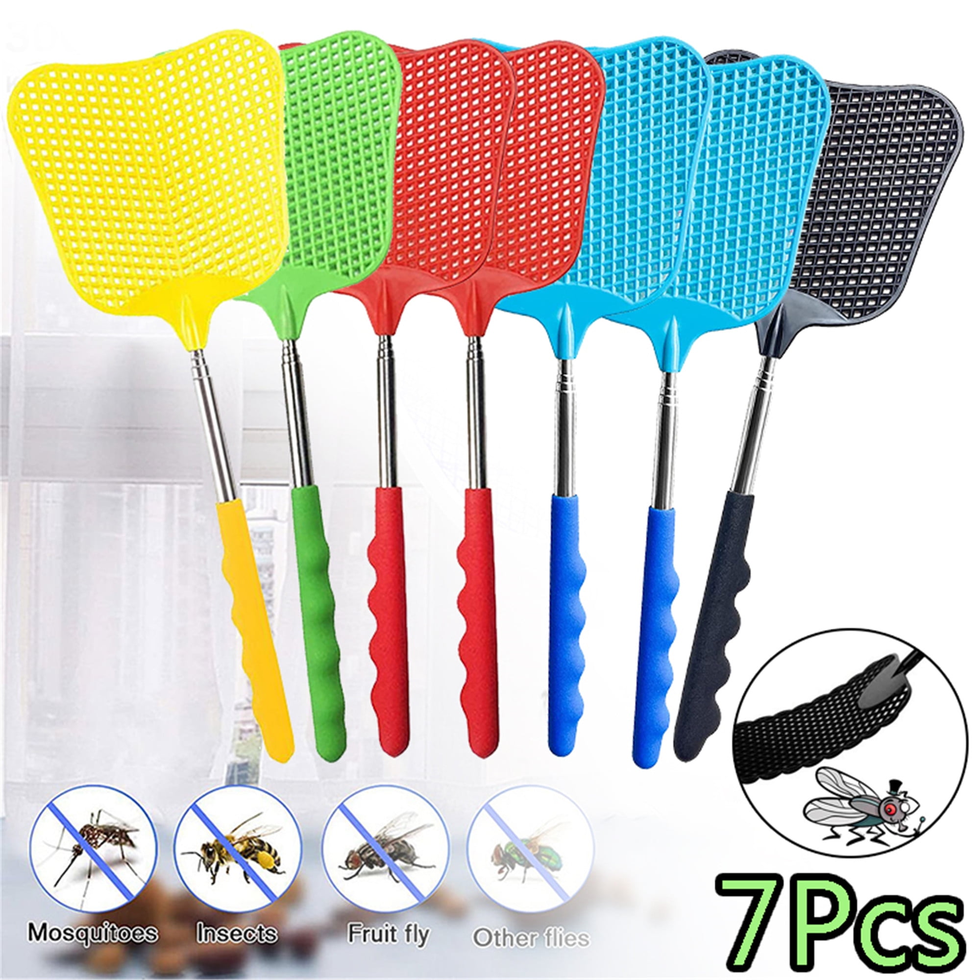 Elbourn 7Pack Plastic Fly Swatters Heavy Duty, Long Handle Fly Swat