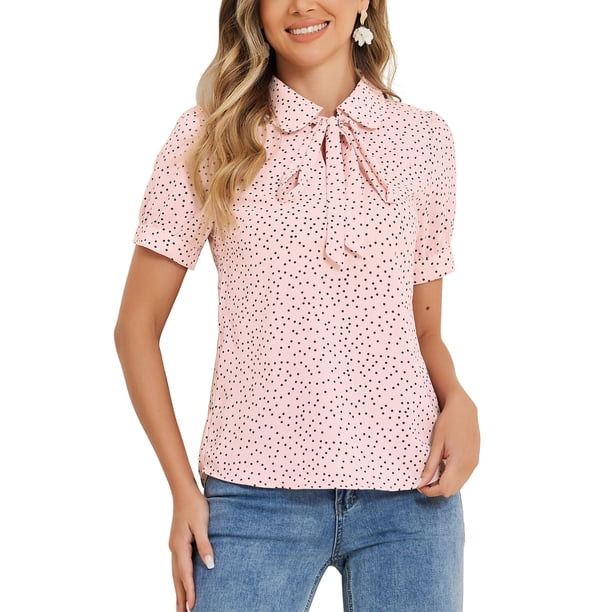 INSPIRAR CHIC Blusa de Chifón con Estampado Retro de Manga Corta y Cuello Peter Pan con Lazo S Puntos Rosados