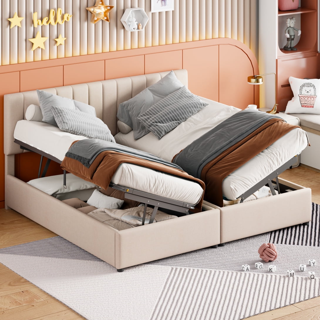 King Size Lift up Storage Bed Frame, Upholstered Platform Bed with Headboard & Hydraulic Storage & Wood Slats Support, No Box Spring Needed, Beige