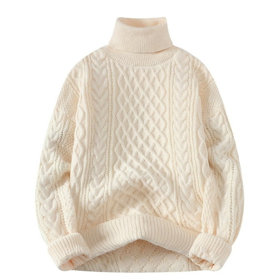 Breezora Women's High Neck Knit Sweater Cable Knit Korean Style Winter Warm Pullover L Size Beige