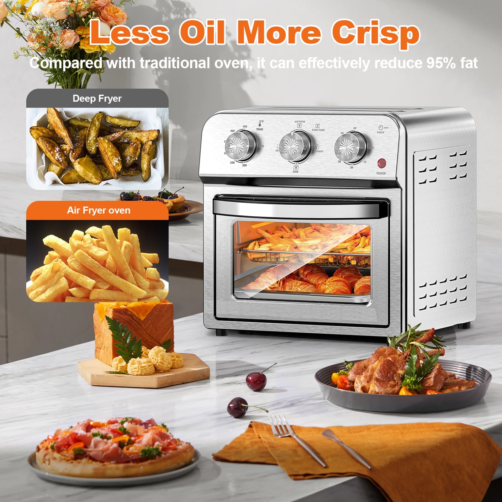 Family Size Air Fryer Toaster Oven Combo, 13QT, 360° Hot Air Circulation, Multifunctional Convection Countertop Oven, Stainless Steel, Silver