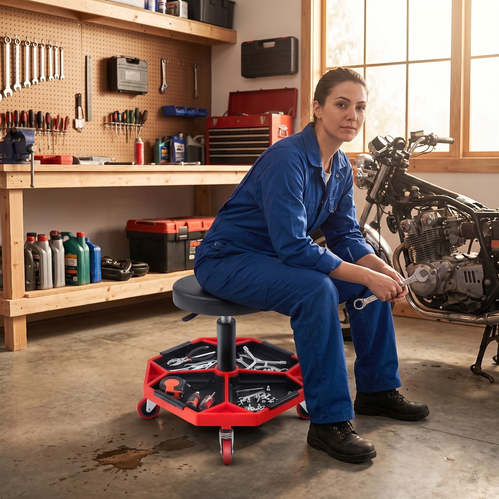 Biotree Pneumatic Rolling Mechanic Stool with Padded Seat, 330 LBS Capacity Height Adjustable Swivel Garage Shop Work Chair with Tool Tray and 4 Casters, Red