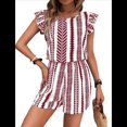 thumbnail image 3 of Mono Bohemio con Mangas Abullonadas Tropicales para Mujer, Cuello Redondo, Pierna , Informal, para Playa, con Barras Rojas, Talla L, 3 of 8