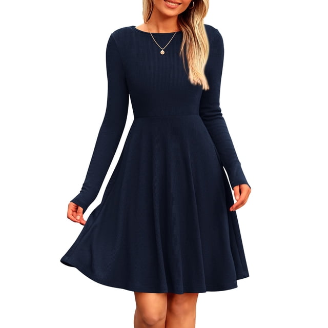 Vestido PRETTYGARDEN de punto acanalado en línea A, manga larga, azul marino, talla L