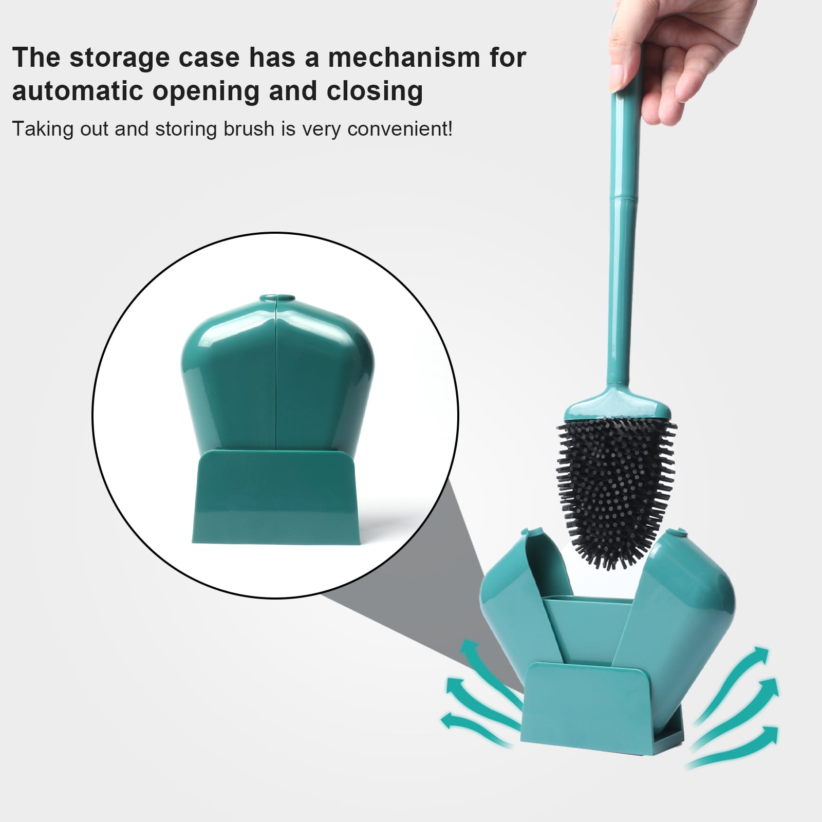 Bathroom Toilet Brush and Holder Set, Toilet Bowl Cleaner Bendable Tongue-shaped Silicone Brush Head Anti Splash Bristles, Self Closing Quick Drying Holder in Dark Green