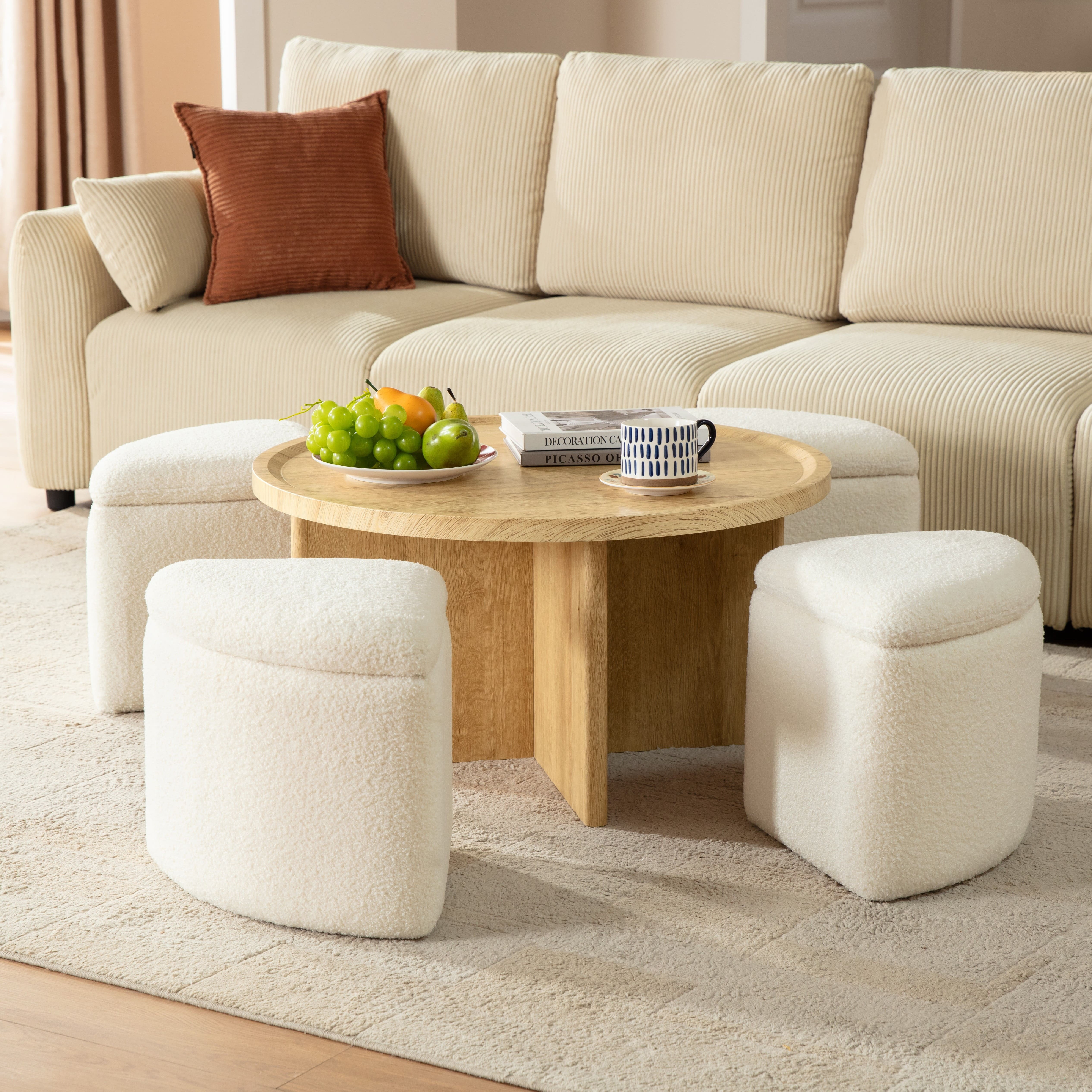 CHIC HOUSE Round Coffee Table for Living Room Table, Small Coffee Table with 4 Storage Stools Underneath, Mid-Century Wood Coffee Table Set with Teddy Velvet Storage Ottoman, Oak & White
