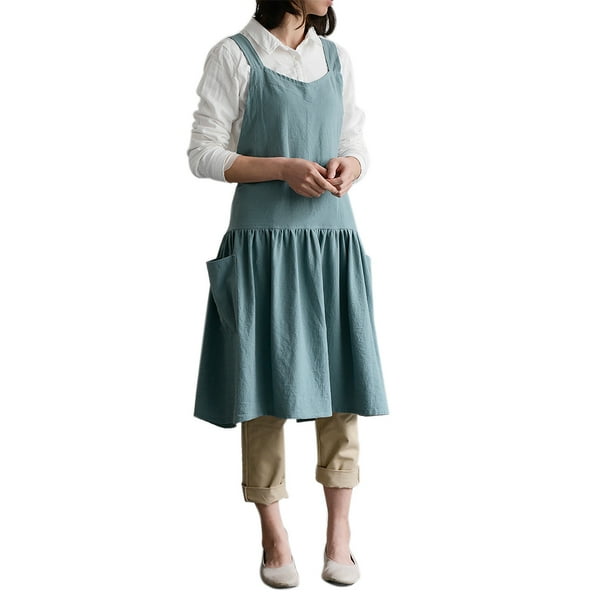 Delantal de lino de algodón para mujer, delantal de trabajo con babero de cocina de color sólido para pintar, hacer manualidades, cocinar, hornear, verde sidaley HA8772-04B