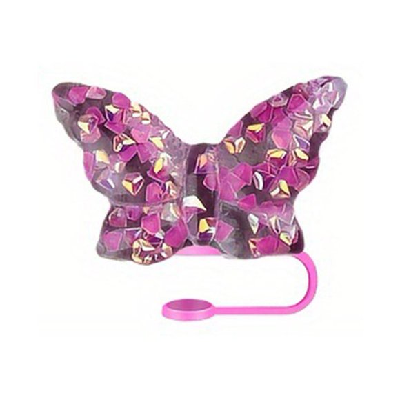 Violet (F) $Couleur Bouchon de Paille en silicone 10mm Capuchon Anti-Poussière Résine Papillon Décoratif Couvercle de Paille en Verre