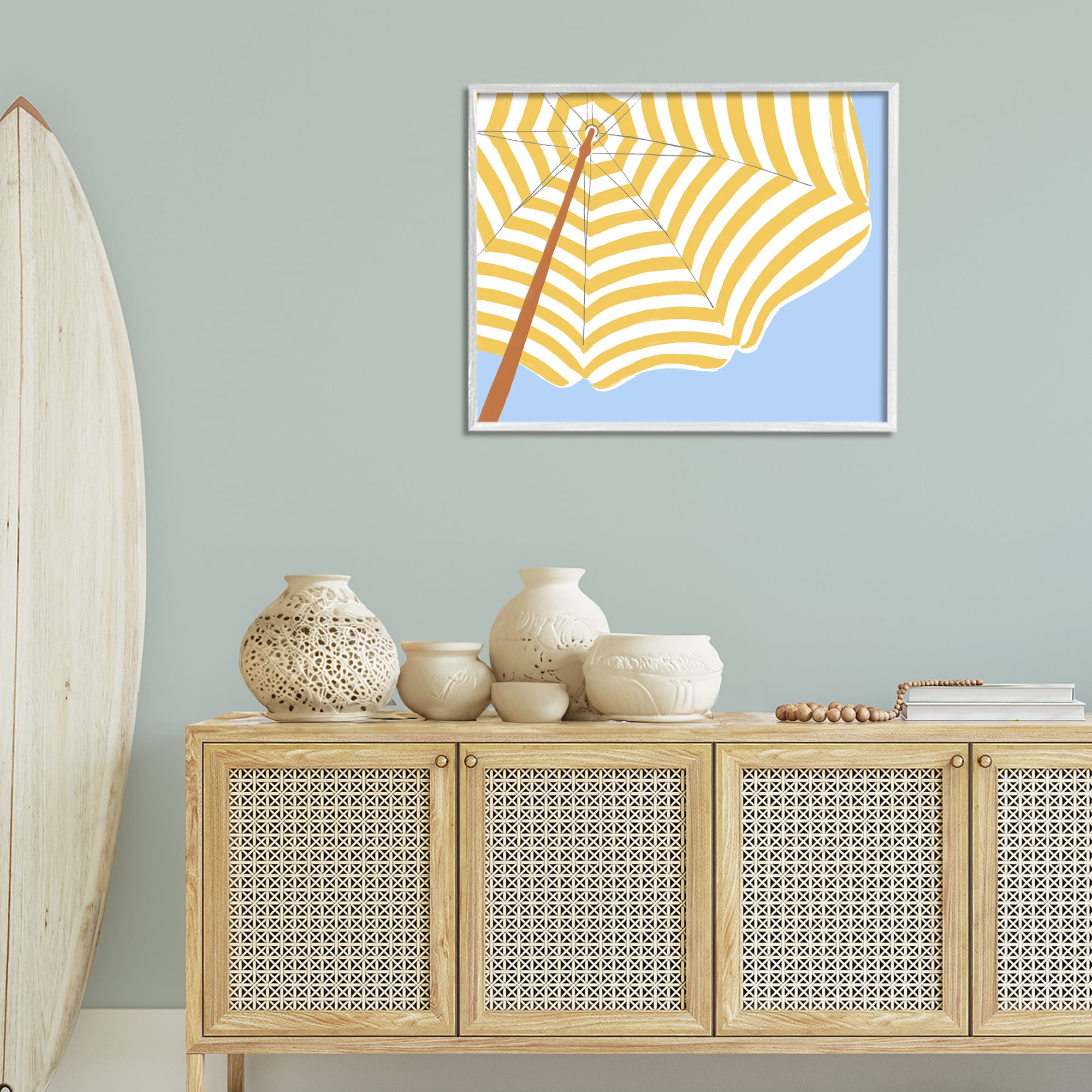 Stupell Industries Yellow & White Umbrella Coastal Painting White Framed Art Print Wall Art, 30 x 24