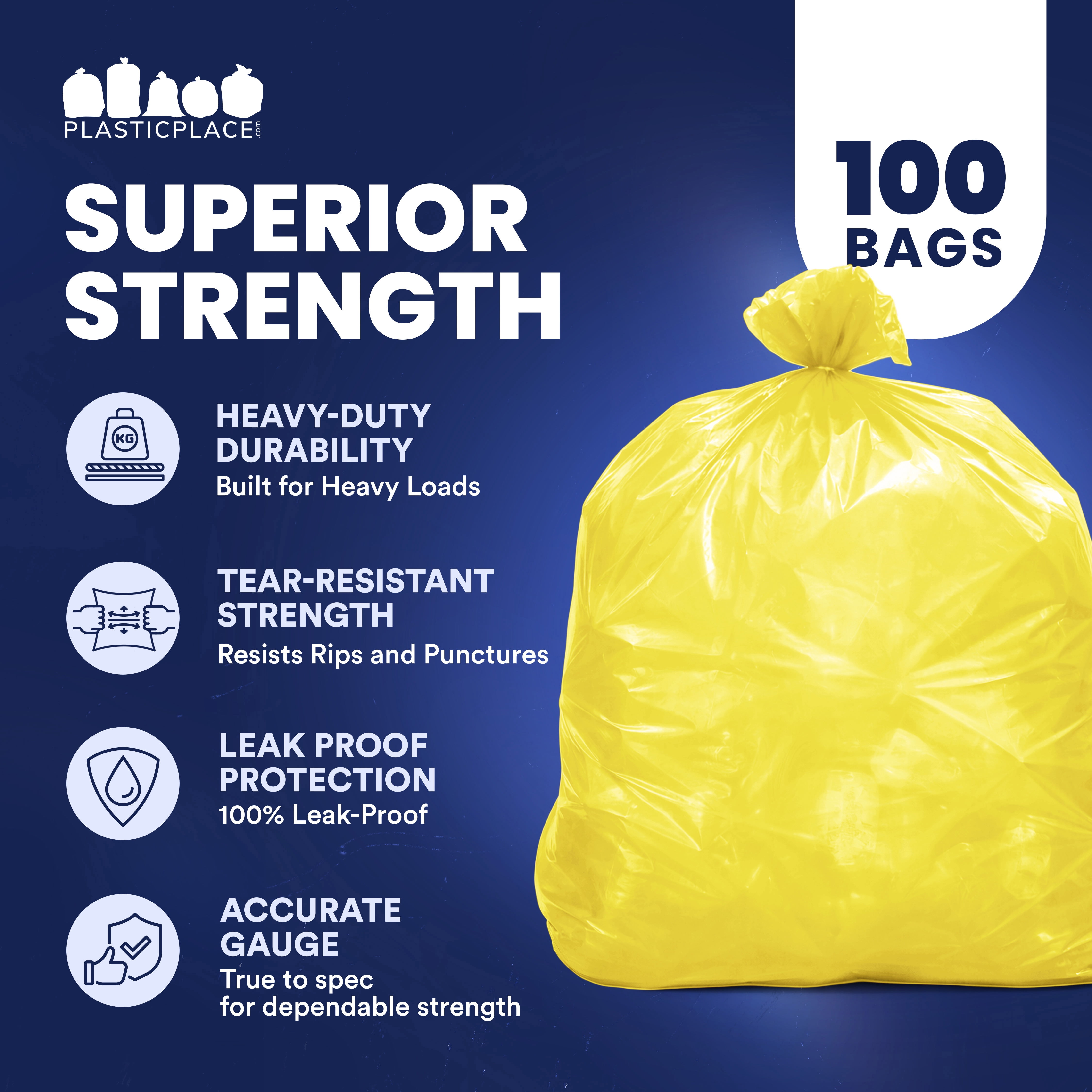 Plasticplace 55-60 Gallon Trash Bags │ 1.5 Mil │ Yellow Heavy Duty Garbage Can Liners │ 38” x 58” (100 Count)