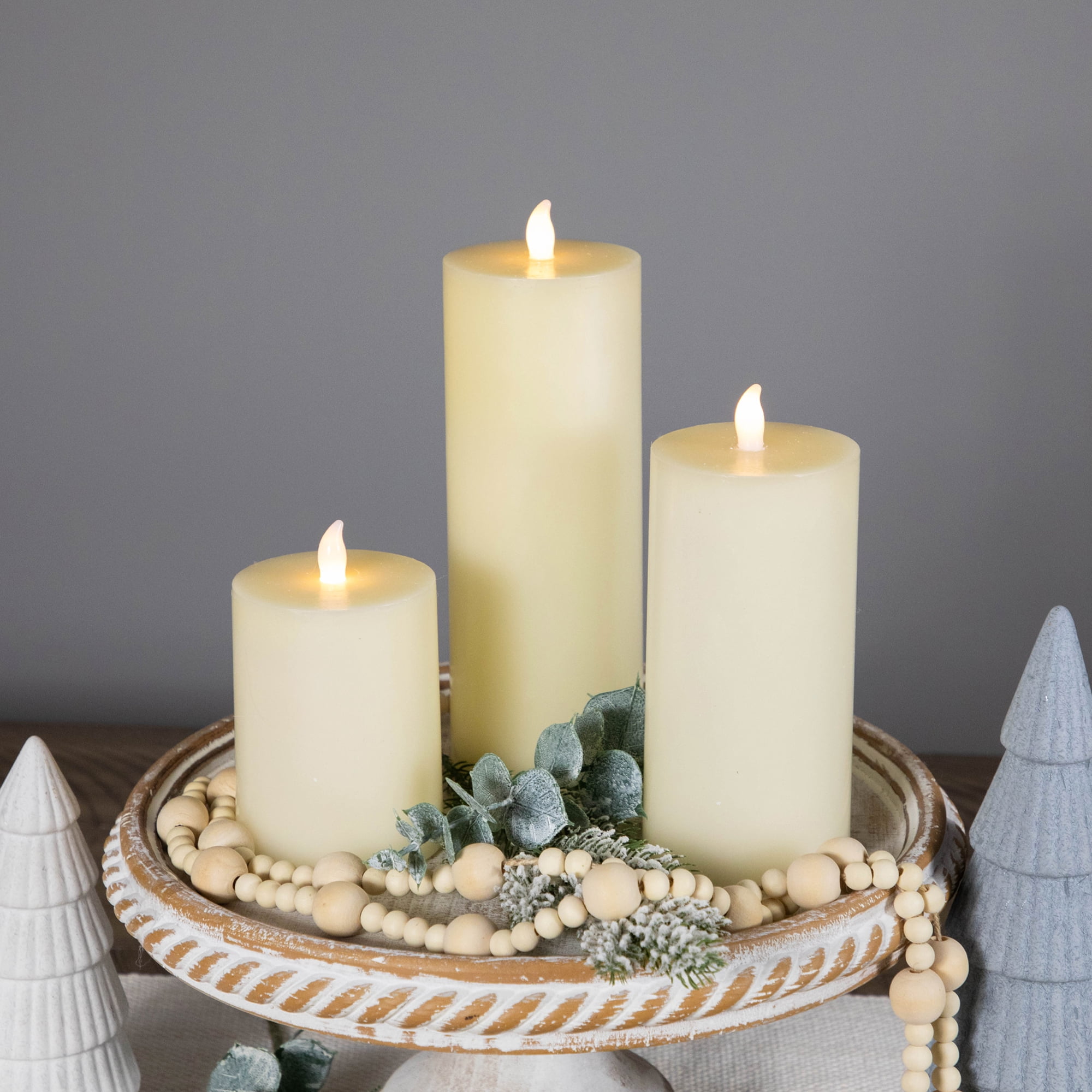 Set of 3 Flameless Ivory Flickering LED Christmas Wax Pillar Candles 8"