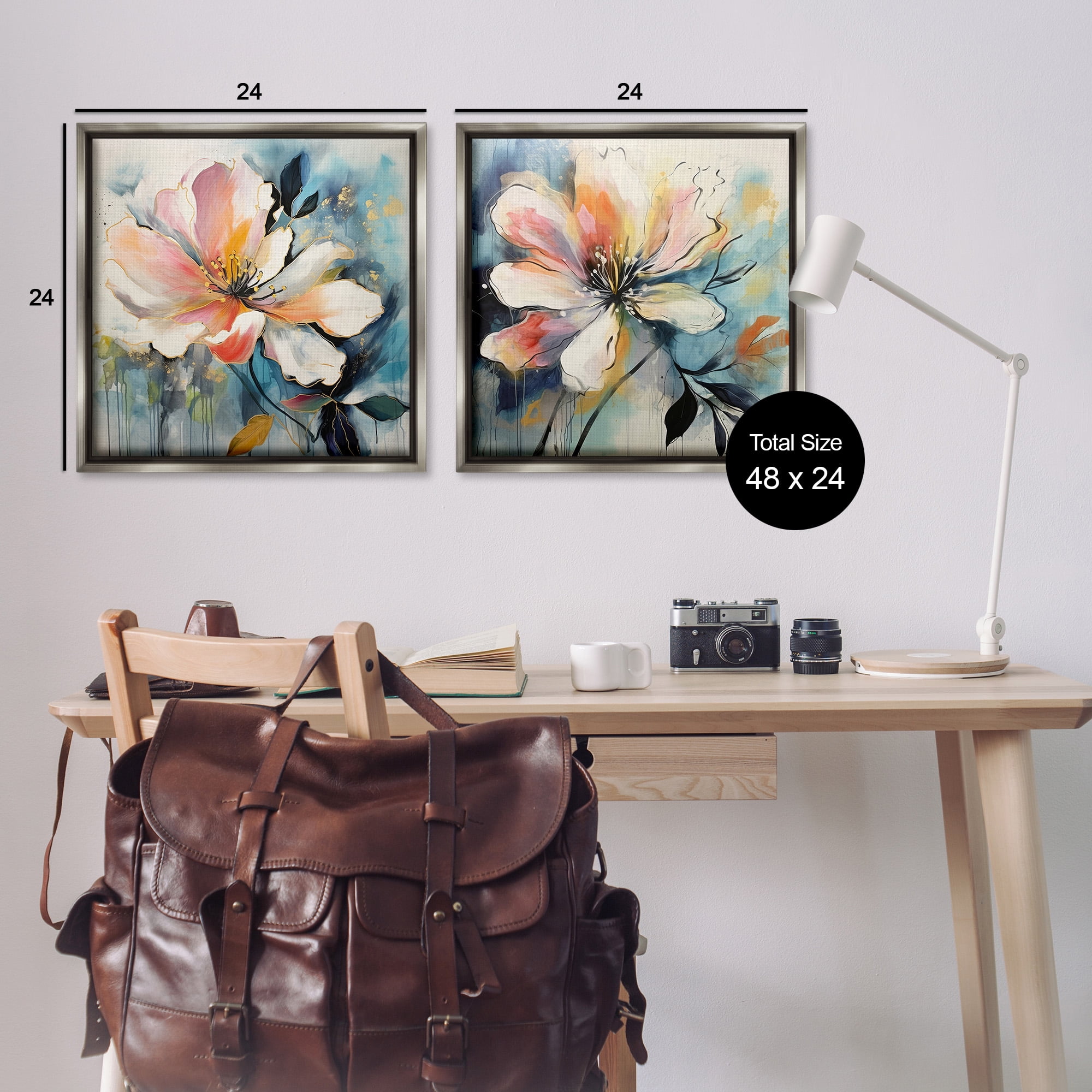 Stupell Industries Modern Dripping Blooms Botanical & Floral Painting Gray Floater Framed Canvas Art Print Wall Art, 25 x 25, Set of 2