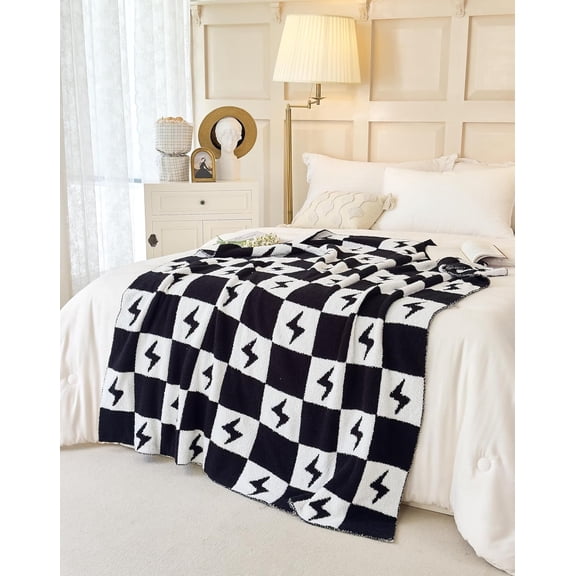Ultra Soft Cozy Buffalo Checkerboard Grid Fluffy Microfiber Knitted Throw Blanket Lightweight Fleece Checkered Blanket for Sofa Couch Bed Travel Lightning Black 51"X63"