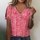 thumbnail image 2 of Camiseta de verano para mujer con hombros descubiertos y manga corta con estampado floral y cuello en V con botones para mujer Rojo XXL, 2 of 5