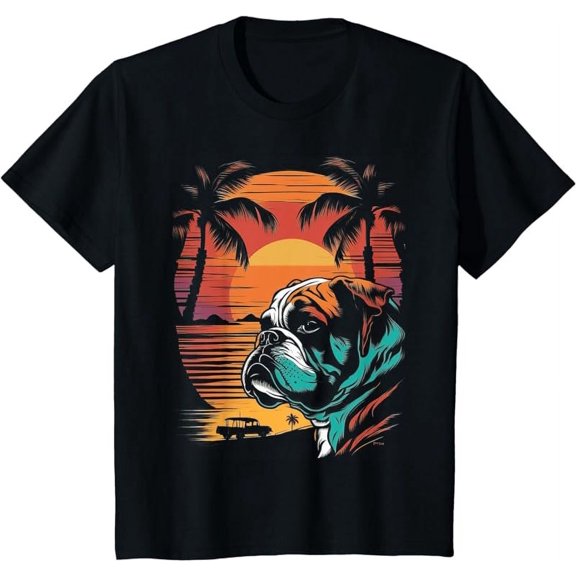 English Bulldog 80s Sunset Vintage Retro Style T-Shirt