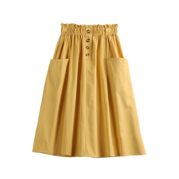 Stamzod Women's Midi Skirt Summer Elastic High Waisted Button Front Casual Pleated Skirts with Pockets Yellow Free Size