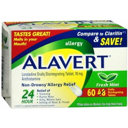 Alavert Allergy Relief Non-Drowsy Loratadine Disintegrating 60 ct 2-Pack Alavert 24-Hour Non-Drowsy Allergy Relief (60-Count Fresh Mint Flavor Orally Disintegrating Tablets). Get fast-acting relief from even the strongest seasonal allergies. Alavert tablets dissolve on your tongue to deliver 24 hours relief to your system. Non-drowsy formula provides an effective ingredient for itchy & watery eyes  sneezing  runny nose  and itchy nose and throat symptoms. Alavert tablets are convenient  easy to use dissolving tablet. The medicine is approved for seasonal allergy sufferers as young as six years old.