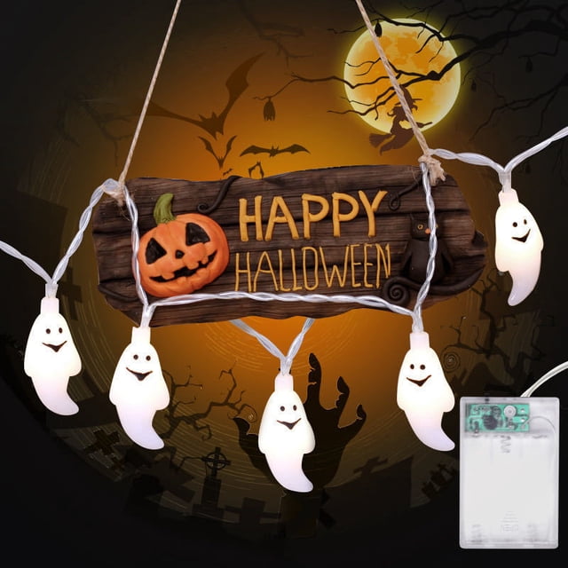 Guirnalda de luces solares LED de 6 m y 40 LED para Halloween al aire libre, fiestas, jardín, festividades, otoño, luces cálidas tipo calabaza (fantasma blanco)