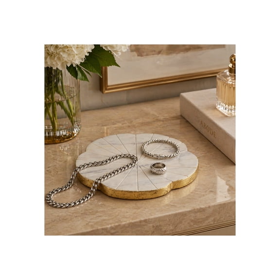 Decorative Marble Flower Tray for House Decor - Stylish Home Decor Accents for Coffee Table, Office, and Living Room - Elegant Dish for Jewelry, Bathroom Vanity, and Bedroom - 1", White & Gold