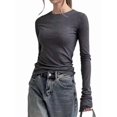 thumbnail image 3 of T-shirt à Col Rond pour Femmes à Manches Longues Ajusté, T-Shirts Unis, Automne Y2k, Courts pour Sorties, Jolis Chandails Moulants, Gris, M, 3 of 10
