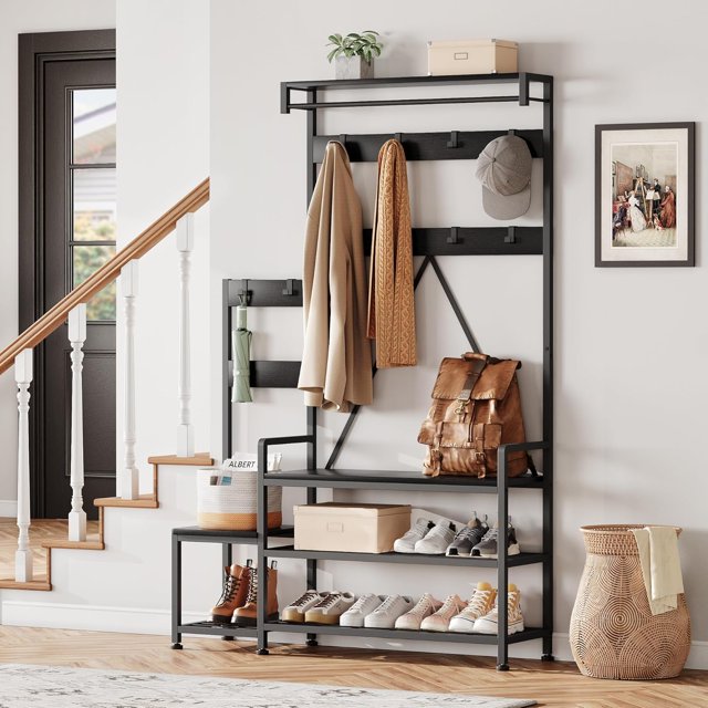 Industrial Coat Rack & Hall Tree, 5-in-1 with Storage Bench, 8 Hooks, 4 Shelves, Small Cute Design for Entryway & Small Spaces