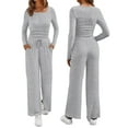 thumbnail image 3 of Women'S 2 Piece Matching Lounge Sets Fall Fashion Outfits Henley Neck Sweater Top Wide Leg Pants Sweat Suits Grey M, 3 of 8