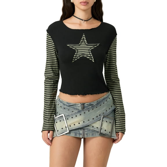 Women Y2k Star Stripes T-shirt Long Sleeve Crew Neck Patchwork Slim Fit Ladies Tops E-girls 2000s Vintage Grunge Clothes for Casual Daily