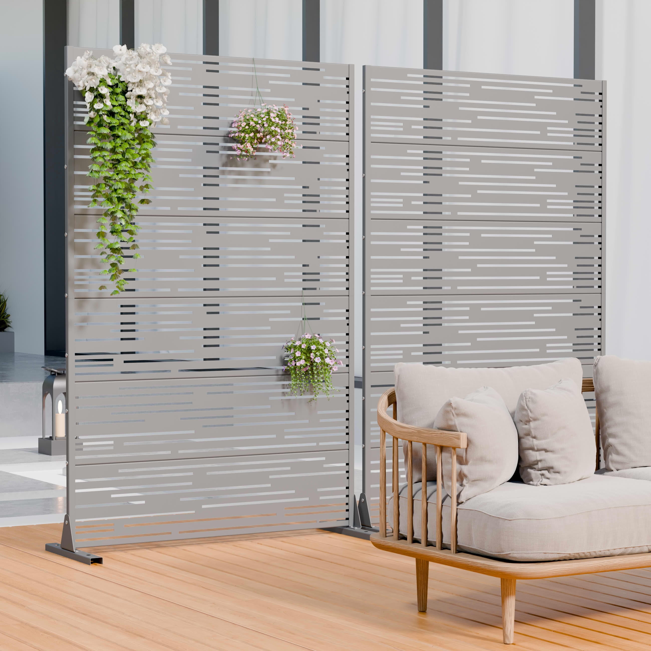 MAYEERTY 2-Piece Outdoor Metal Privacy Screen 6ft × 4ft Gray, 6-Panel Light & Shadow Pattern, Rust-Resistant for Garden