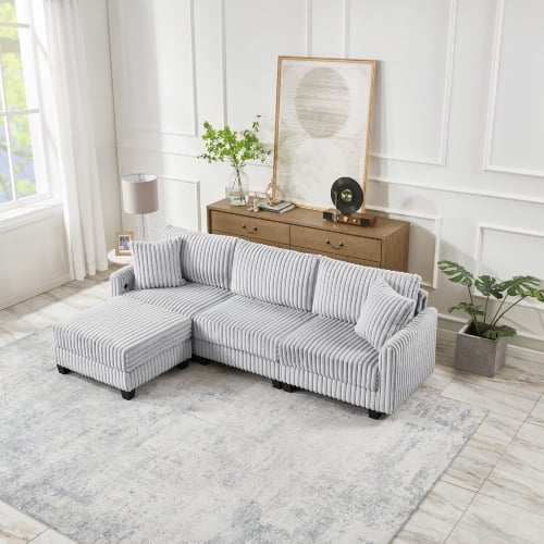 Howcool 100-inch corduroy fabric sofa with L-shaped modular 3-seat convertible sofa, built-in dual charging ports at the arms, and armrests can be freely placed anywhere,Gray