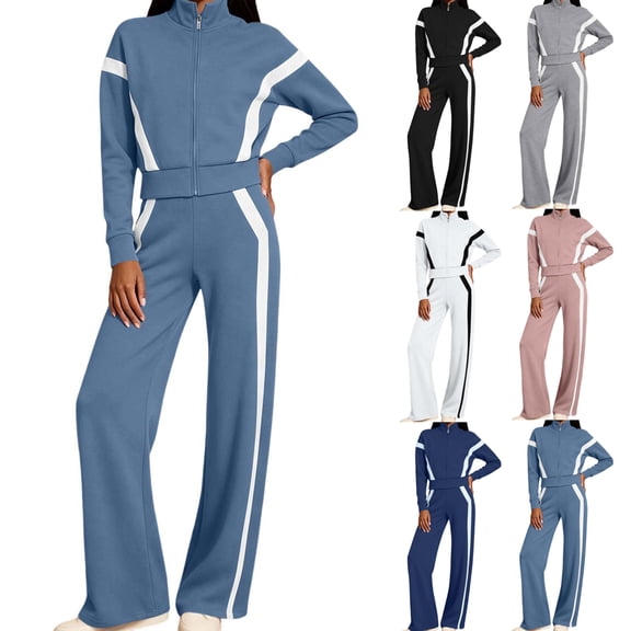 Josdec Women's 2‑Piece Tracksuit Set, Color‑Block Striped Zip‑Up Stand Collar Long Sleeve Top and Elastic Waist Wide‑Leg Pants, Casual Sport Outfit, S‑2XL