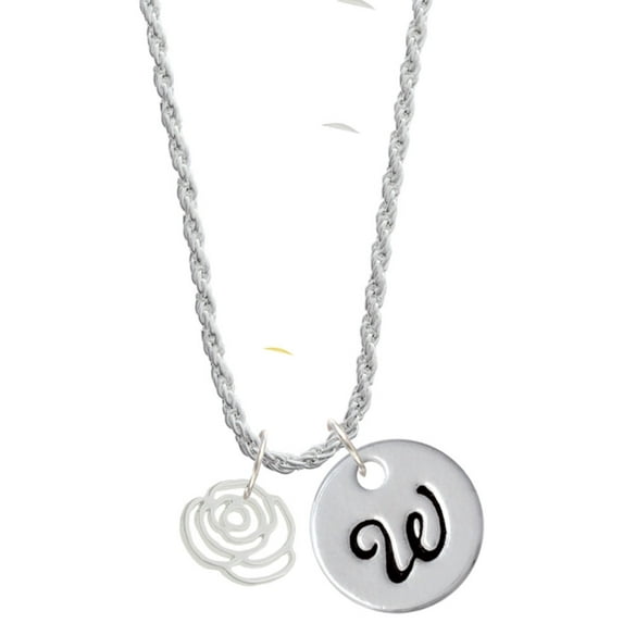 Delight Jewelry Silvertone Small Rose Outline Silvertone Script Initial Disc - W - Charm Necklace, 20"+3"