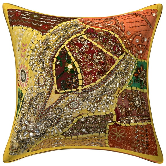 Stylo Culture Bohemian Couch Throw Pillow Cover 16x16 Beaded Sequins Yellow Ethnic 40cm x 40cm Living Room Decor Cotton Embroidered Square Cushion Cover | 1 Pc