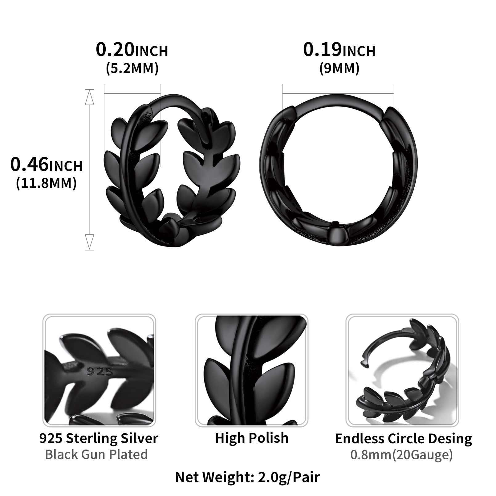 ChicSilver Women Black Hoop Earrings 925 Sterling Silver Small Leaf Round Huggie Earrings Charm Birthday Christmas Jewelry Gift