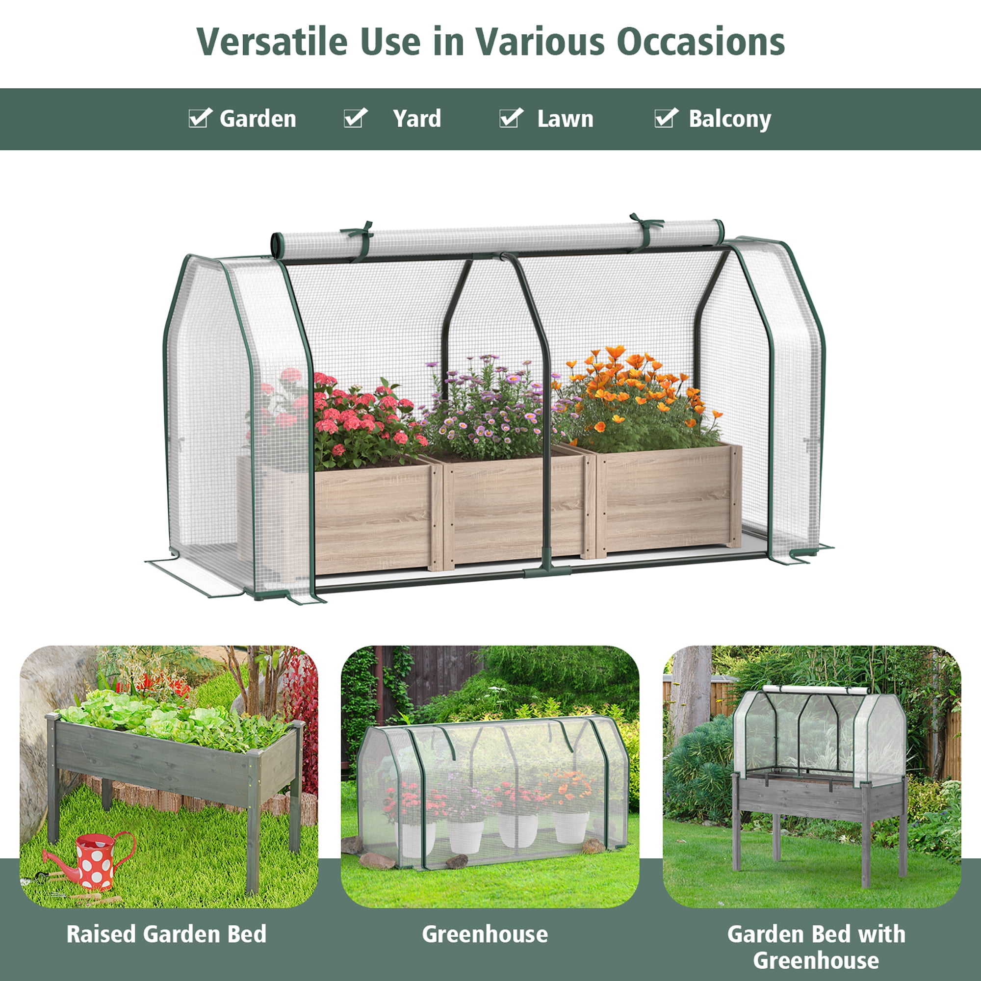 Costway Raised Garden Bed with Dual Zipper Door Greenhouse for Patios and Backyards Natural