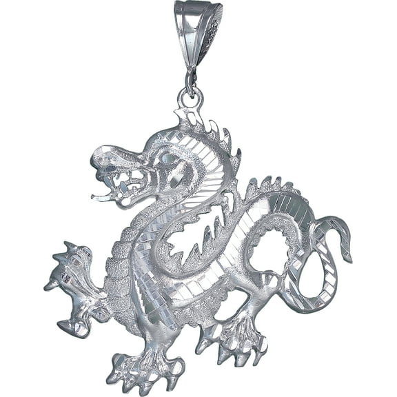 Large Sterling Silver Dragon Pendant Necklace 2.75 Inches 14 Grams with Diamond Cut Finish and 24 Inch Figaro Chain