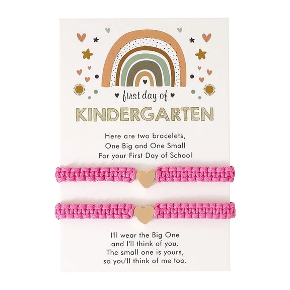 Parent Child Matching Heart Bracelets with Greeting Card, Rose Red Woven Wristband Set for First Day of School