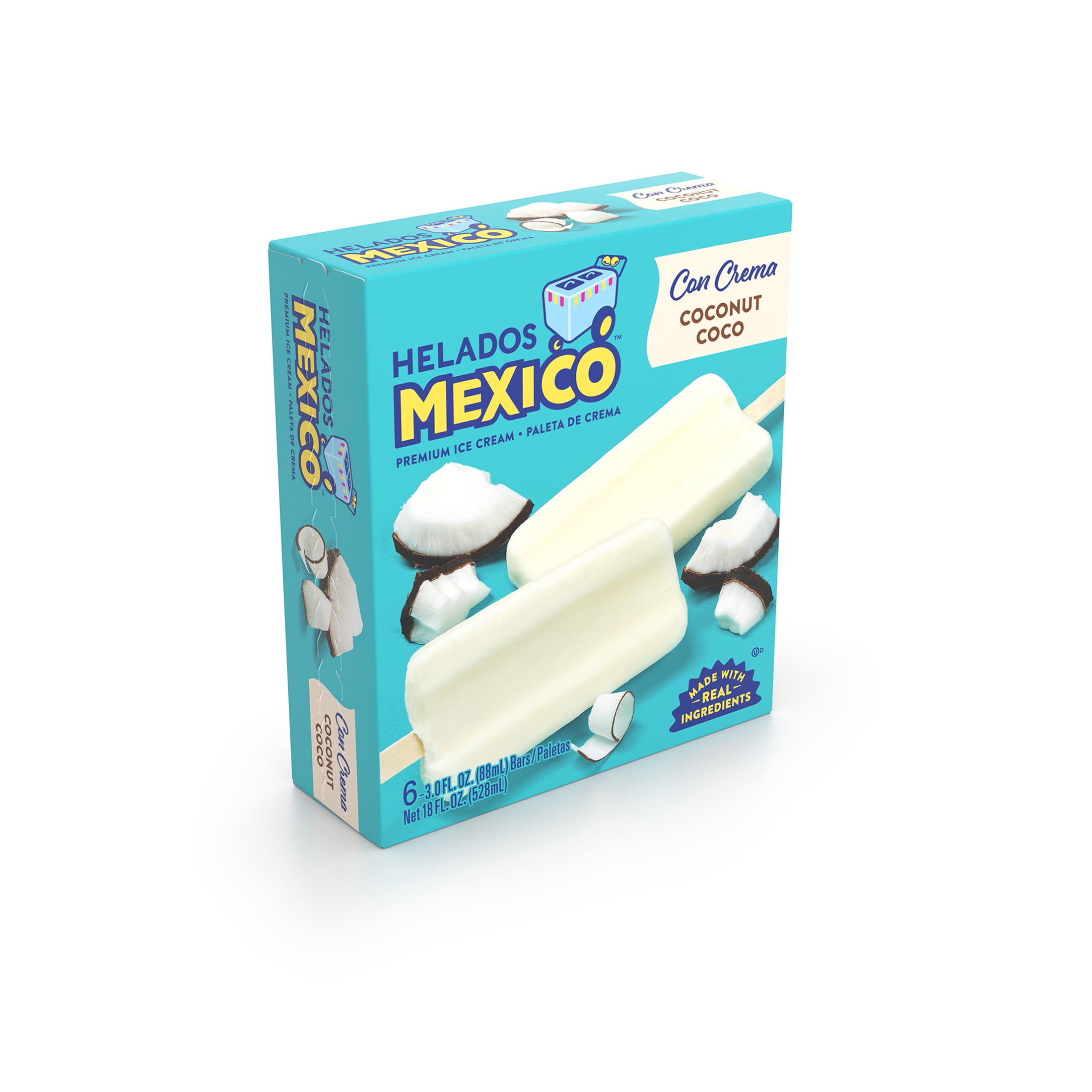 Helados Mexico Coconut Ice Cream Bars, Frozen, Gluten-Free, 16.5 fl oz, 6 Count