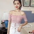 thumbnail image 2 of Women's Sexy Off The Shoulder Frill Knot Front Knit Short Sleeve Crop Top Striped T Shirt, 2 of 5