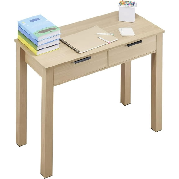 Small Desk with Drawers, Wooden Table for Home Office, Small Computer Desk with Storage, Vanity Desk with Drawers, Study Table for Adults/Students for Drawing, Reading, Writing, Light Wood