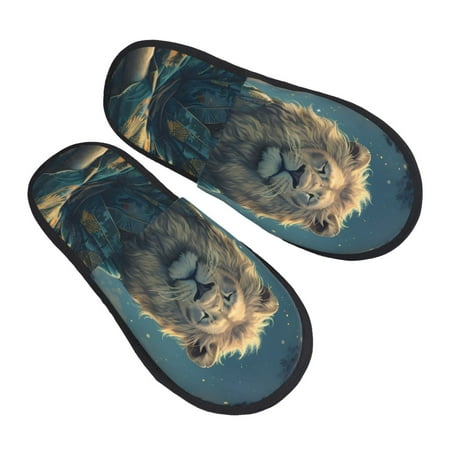 

KLL Starry Sky Meditating Lion Slippers for Women Men House Slip on Indoor Outdoor Bedroom Furry Fleece Lined Ladies Comfy Anti-Skid Rubber Hard Sole-Medium