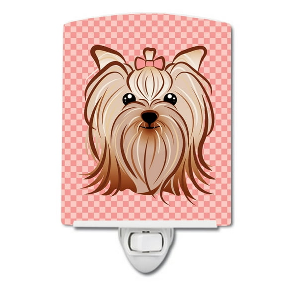 Caroline's Treasures BB1138CNL Pink Checkered Yorkie / Yorkshire Terrier Ceramic Night Light, 6x4x3", multicolor