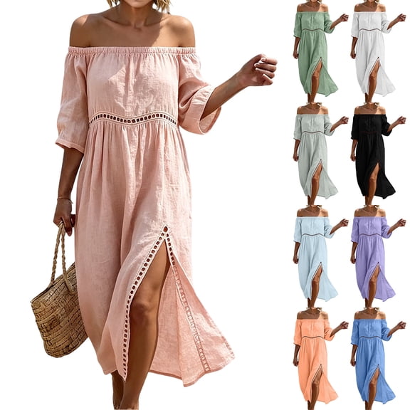 Horkkom Off the Shoulder Dresses for Women Short Sleeve Solid Color Summer Dresses Flowy Casual Maxi Dresses, S-3XL