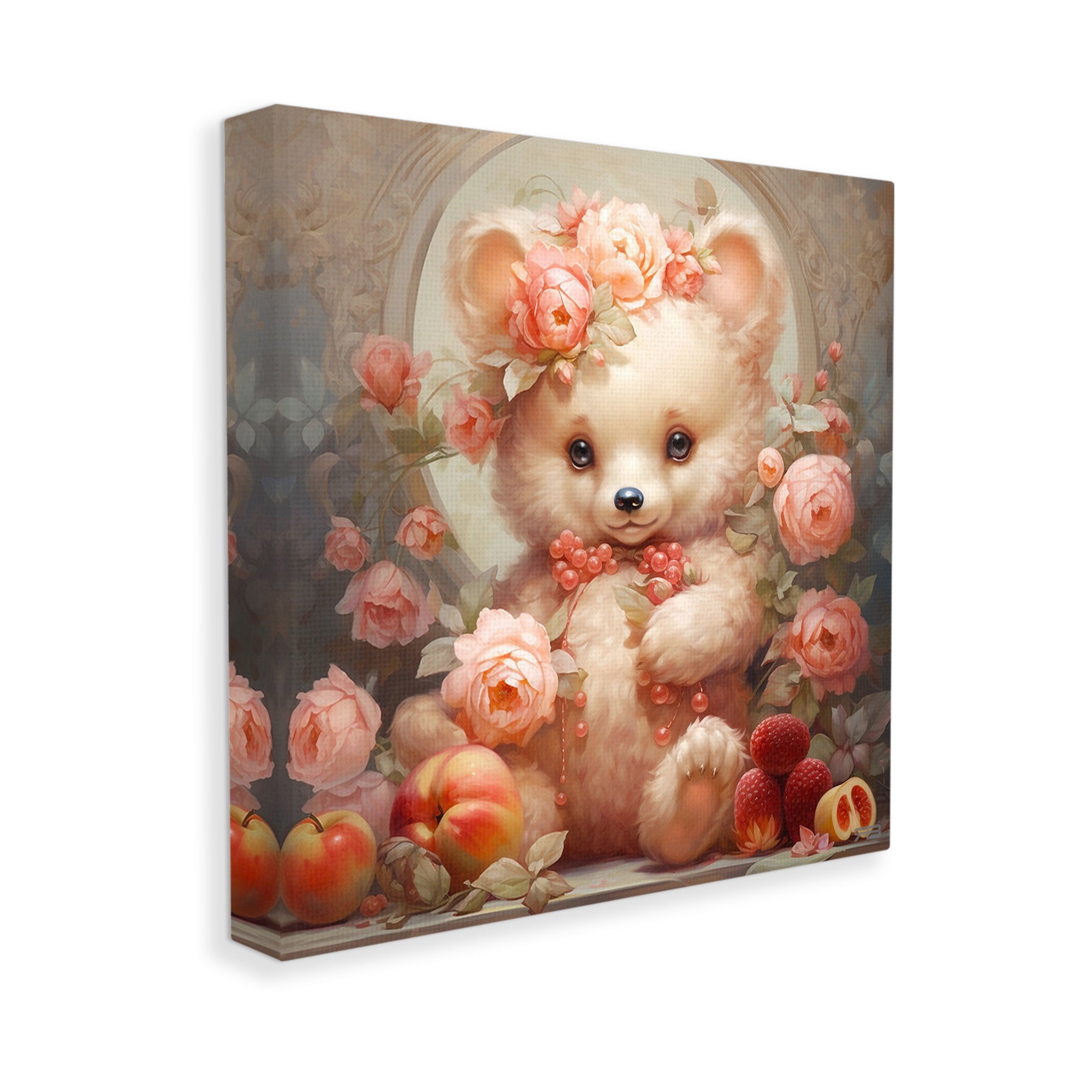 Stupell Industries Bear with Fruits & Flowers Animals & Insects Painting Gallery Wrapped Canvas Art Print Wall Art, 17 x 17