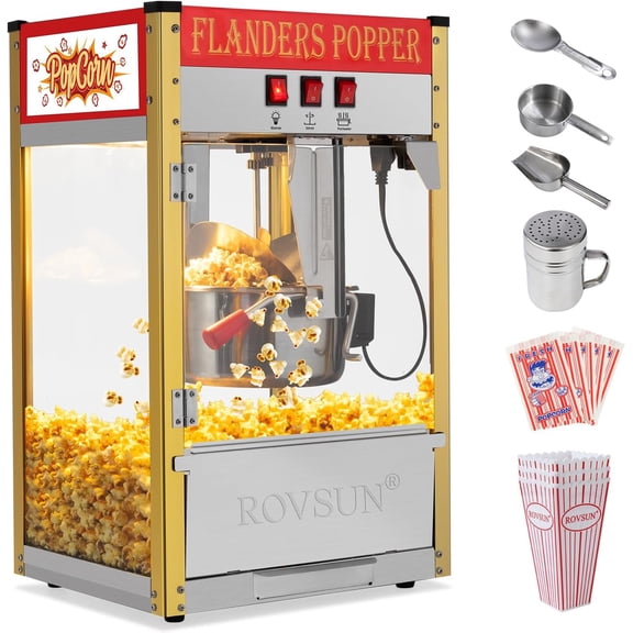 Commercial Popcorn Machine with 10 Ounce Kettle Makes Up to 4 Gallons, Theater Style Popper Countertop Popcorn Maker w/Stainless Steel Scoop, Oil Spoon & 3 Popcorn Cups, ETL Certified, Red