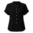 thumbnail image 2 of AKOEE Button Down Linen Shirts for Women Collarless Short Sleeve Casual Dressy Blouses Summer Tops Loose Fit (L, Black), 2 of 7