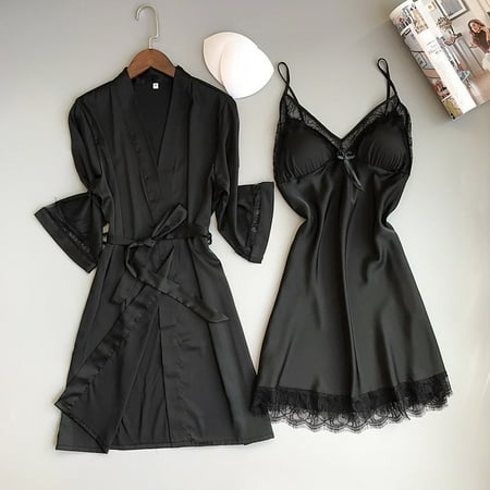 

QWERTYU Womens Bathrobe Silky Dress Sleepwear Bridesmaid Robe Kimono Short Loungewear Bride Party Satin Plus Size Robes Set Black S