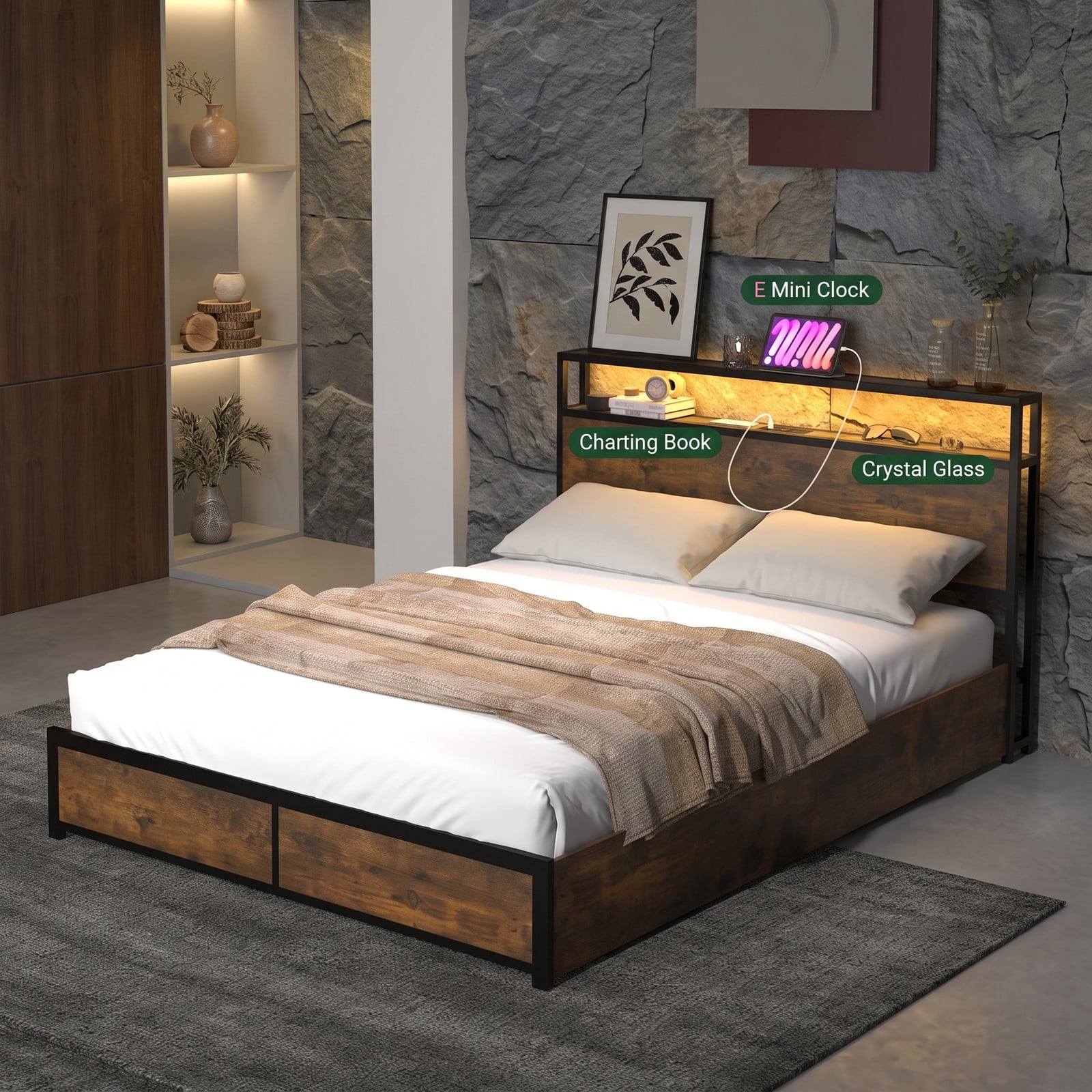 Furnibear Queen Size Bed Frame with Storage, LED Lights and 4 Drawers, Metal Platform Bed Frame with Charging Station and Headboard, Rustic Brown