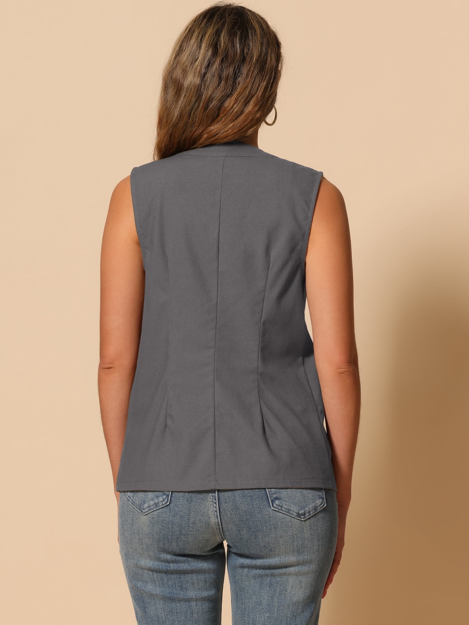 DARING DIVA Women's Cotton Linen V Neck Button Down Jacket Vest S Dark Gray