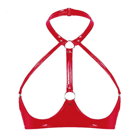 MNCEKFOD Lingerie Tops Sexy High Gloss Leather Neck Bra Leather Bra with Adjustable Strap Underwear Sleepwear Nightwear RD1 M